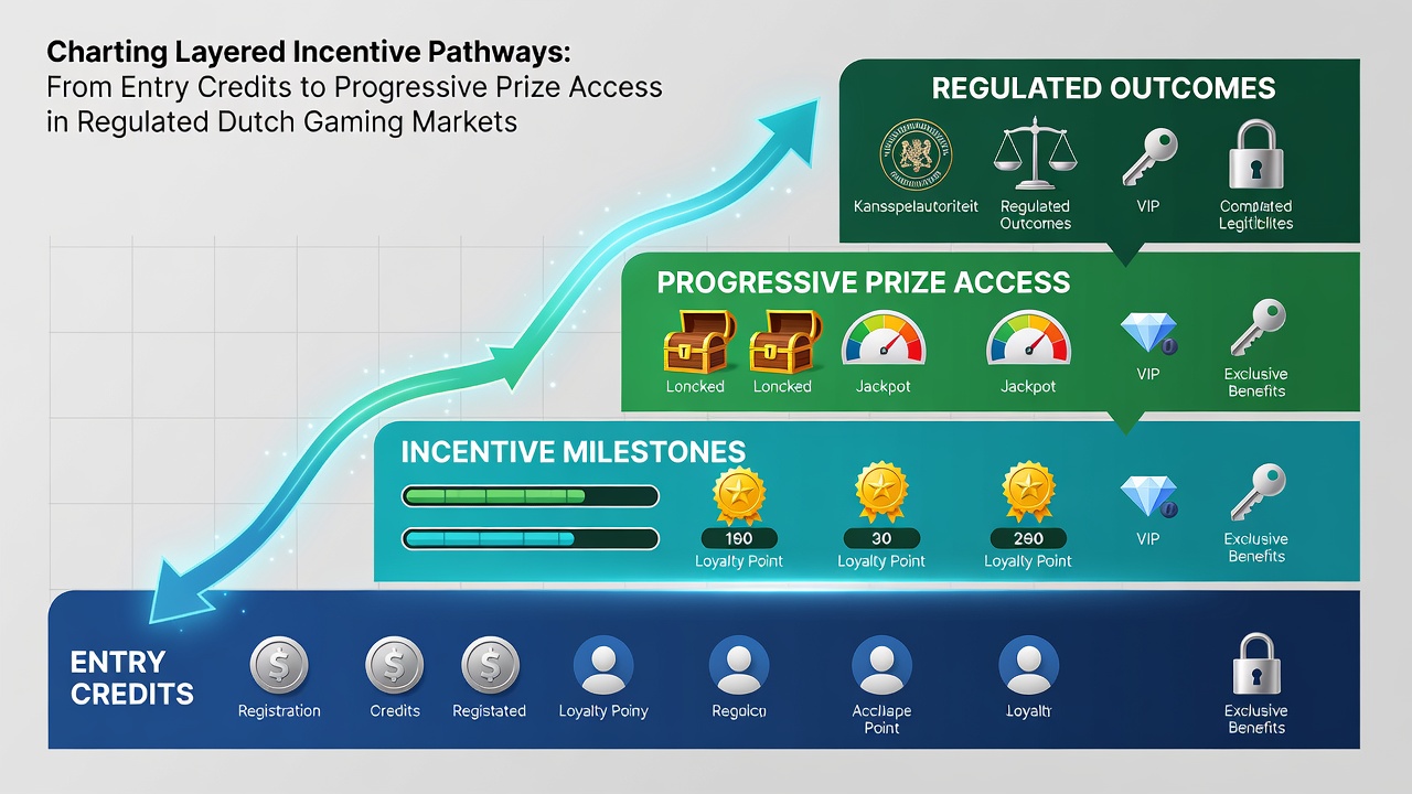Diagram van incentive pathways met entry credits en progressive prize access in mobiele gaming