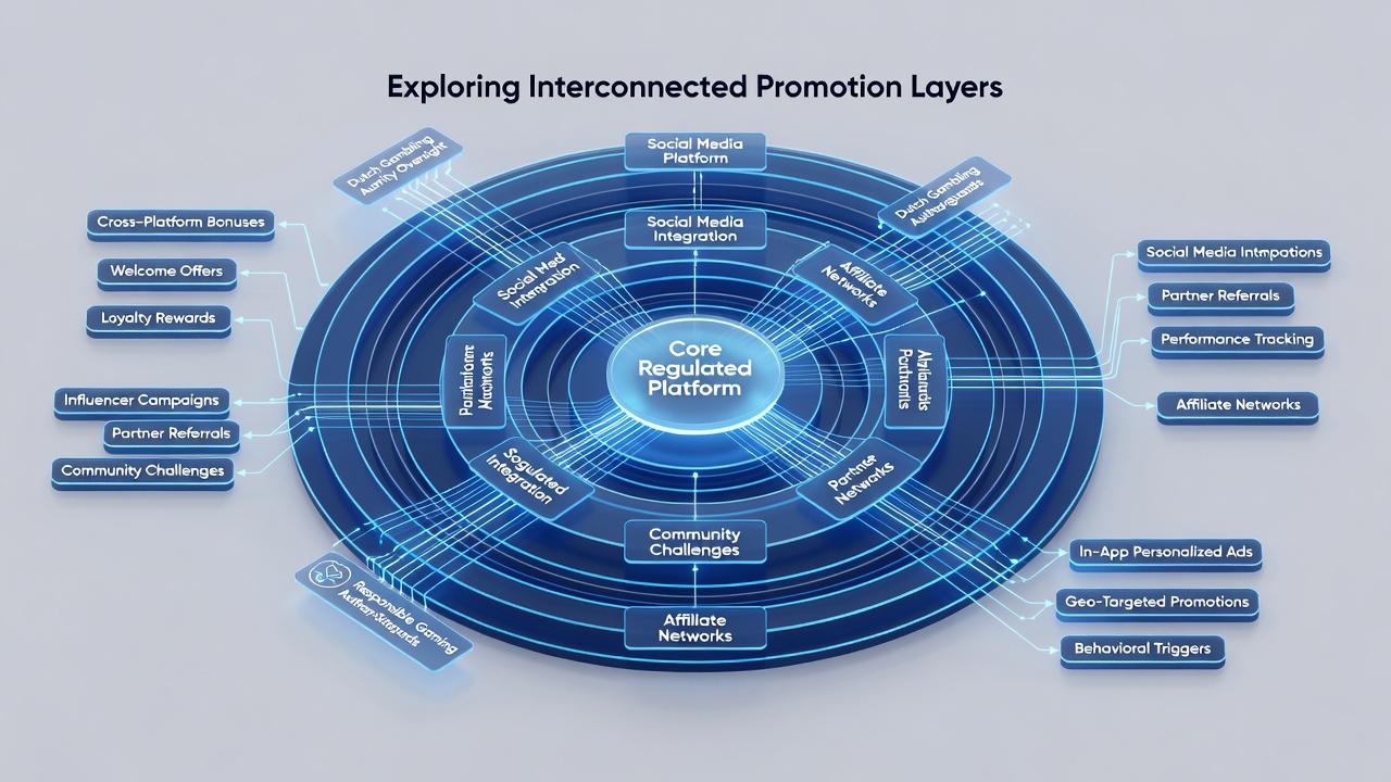 Diagram van mobiele gokapps met verbonden promotieroutes en dataflows in Nederlandse context