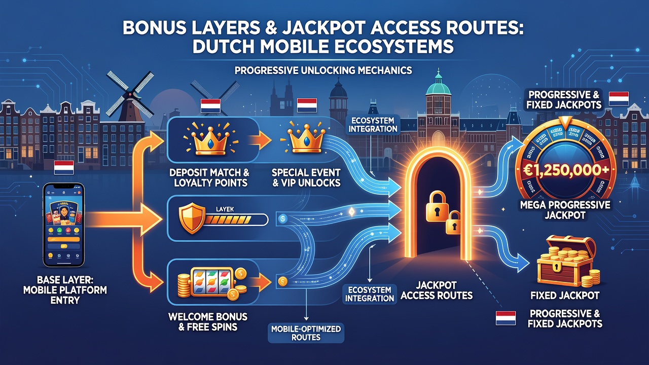 Diagram van jackpottoegangsroutes via bonuslagen in Nederlandse mobiele casino-ecosystemen