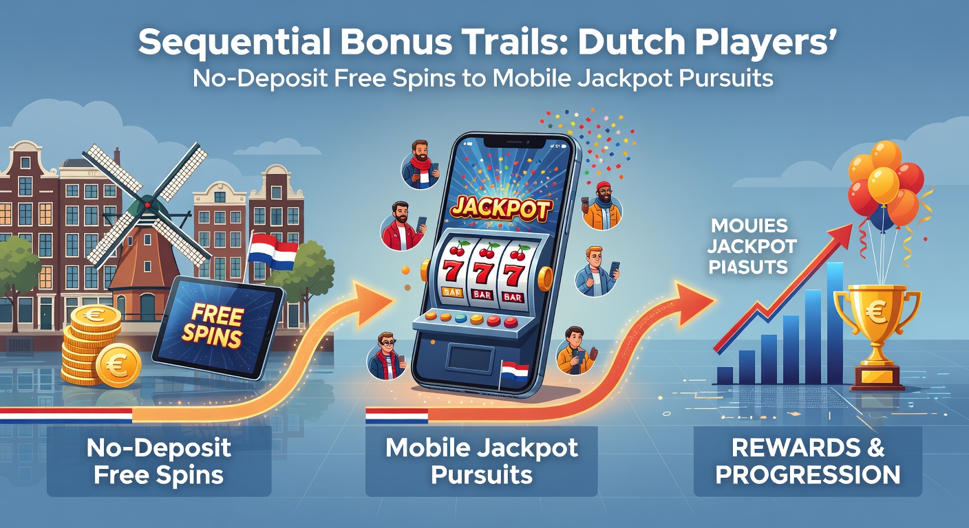 Visuele weergave van een bonus trail op een Nederlands mobiel casino app, met stappen van free spins naar jackpot multipliers en VIP-niveaus