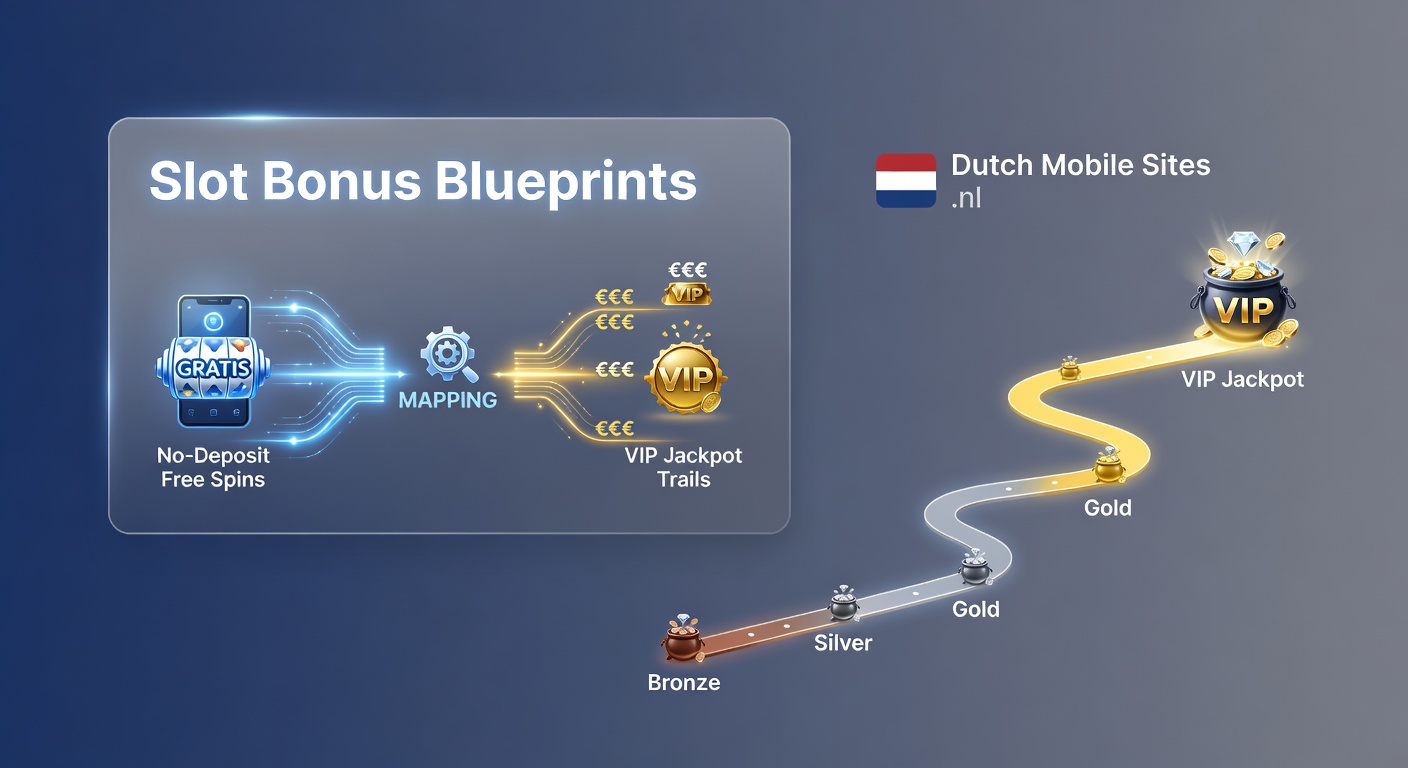 Schematische blueprint van no-deposit spins die overlopen in VIP jackpot trails op een Nederlands mobiel casino interface